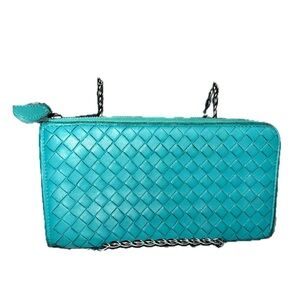 Bottega Veneta Aqua Intrecciato Nappa Leather Half Zip Wallet